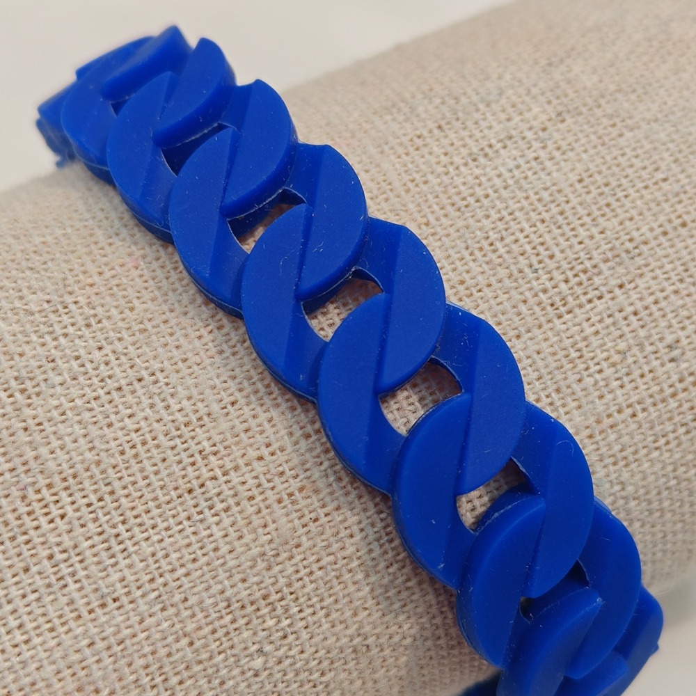 Blue Silicone Curb Chain Link Stretch Bracelet Matte Rubber Sporty Jewelry